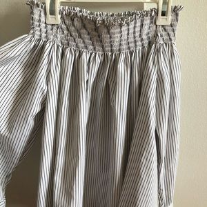 AQUA Striped Poplin off-the-shoulder Blouse